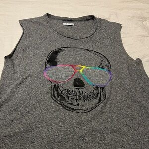 Lauren Moshi Gray Kel Tank Top with Rainbow Skull Design with Crystsls